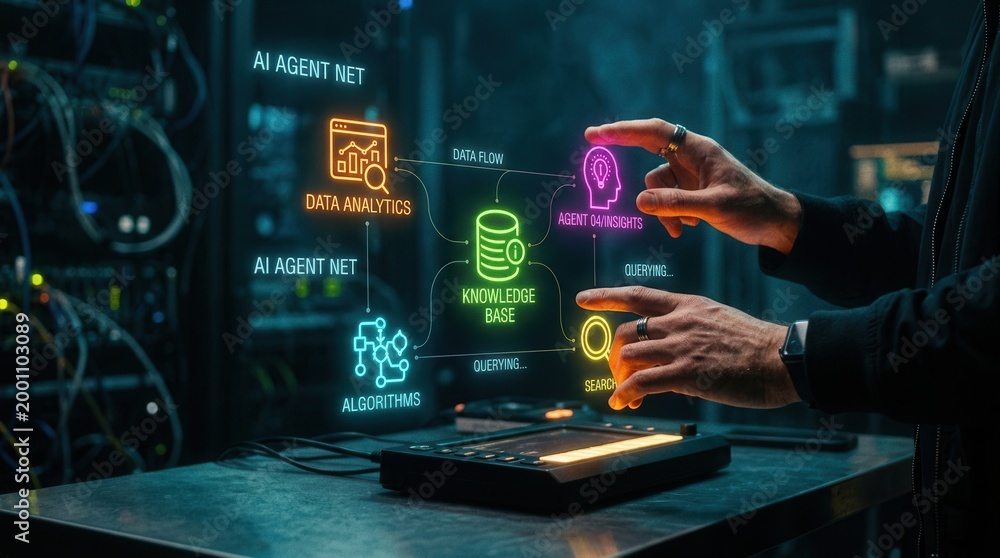 Fototapeta premium AI Agent Net Holographic Interface: Data Analytics, Knowledge Base & Algorithm Integration