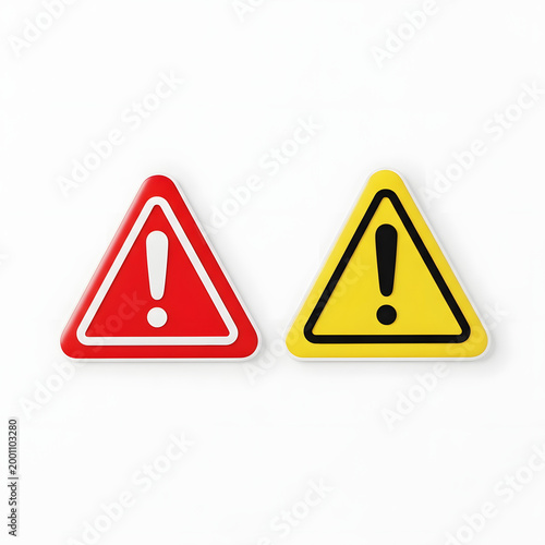 Warning signs with exclamation marks isolated on white background