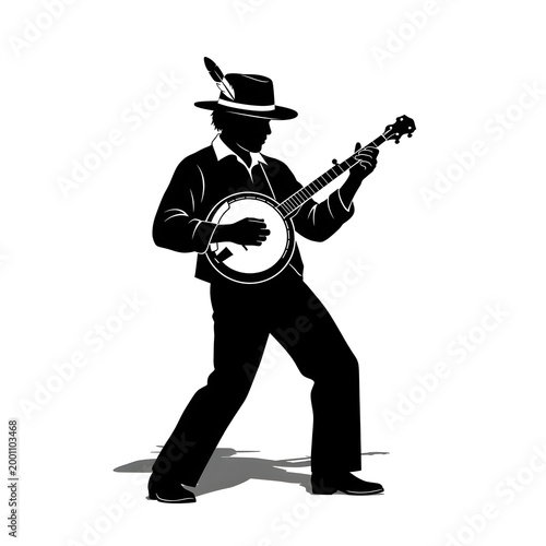 Black silhouette of a man playing a banjo isolated on white background
