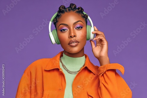 Stylish portrait of a young woman wearing green headphones and orange jacket against purple background
