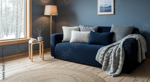 This picture perfect scene portrays a wonderfully cozy living room, centered around a deep navy blue knitted sofa draped with a soft grey cable-knit blanket and accented by an array of textured cushio