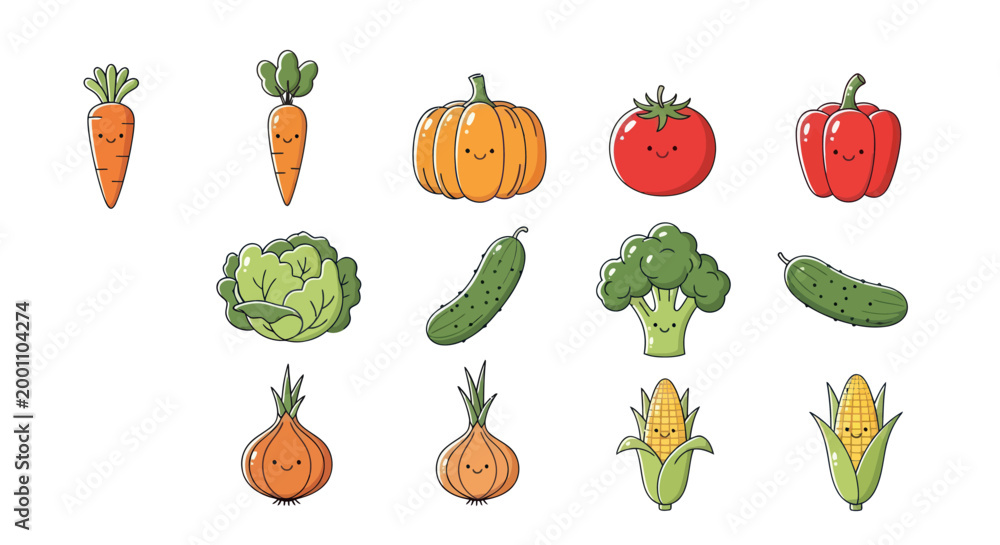 Fototapeta premium Cartoon vegetables collection on white background