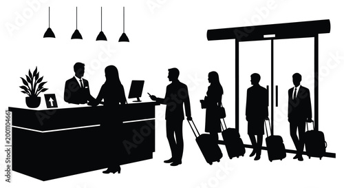 Hotel lobby silhouette guests checking in and out with reception desk and luggage