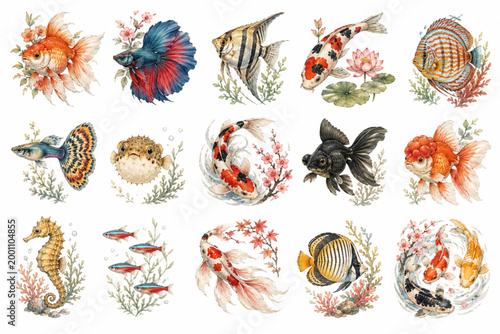 Colorful Variety of Aquarium Fish and Marine Life