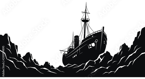 Dramatic silhouette of a ship amidst crashing waves and rocky cliffs black and white