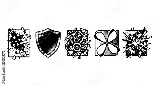 Abstract graphic symbols featuring mechanical parts and explosive shattered effects