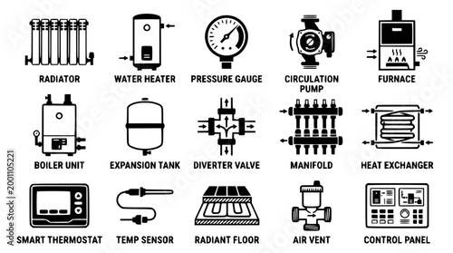 Vector collection of heating system icons for home plumbing installation