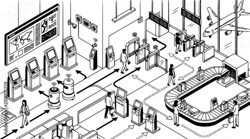 Modern airport terminal with automated kiosks and baggage claim areas