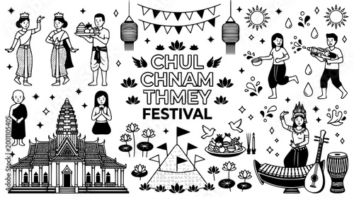 Traditional cambodian new year festival elements in vector graphic style