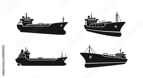 Four black ship illustrations displayed against a white background silhouette