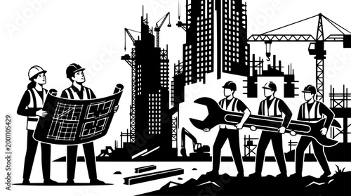 Professional construction team working on a modern urban development site