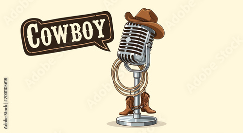 Illustration of Vintage Microphone with Cowboy Hat Lasso and Boots