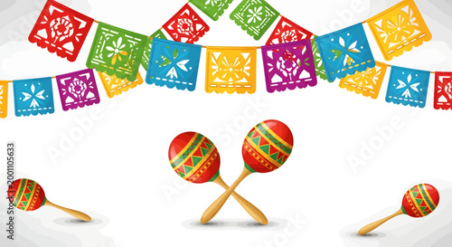 Colorful Mexican Banners and Maracas