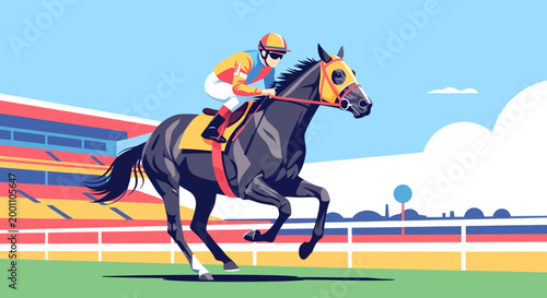 Vibrant illustration of a professional jockey racing a horse on a sunny track