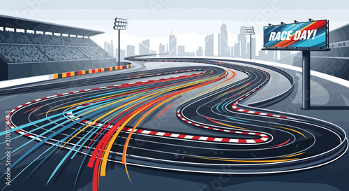Modern race track circuit with speed lines and a billboard for race day event