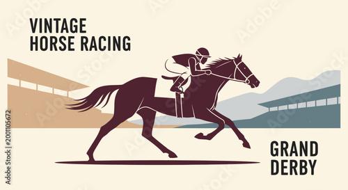 Minimalist silhouette illustration of a horse and jockey racing at the grand derby stadium