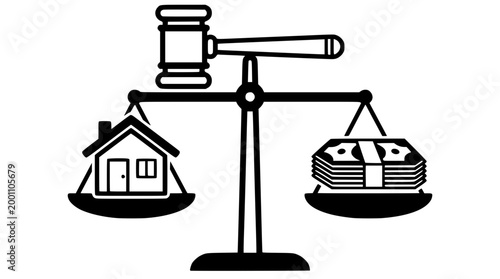 Legal balance scale comparing house value with cash pile graphic