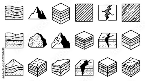 Collection of hand drawn geological and landscape vector icons