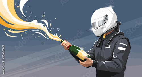 Racing Driver Celebrating Victory with Champagne Spraying Liquid