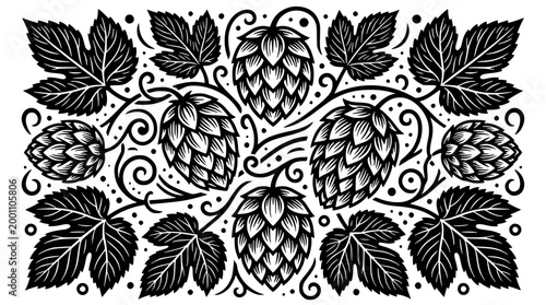 Black and white vector illustration of fresh hop cones