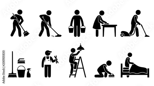 Vector set of icons depicting people performing household cleaning chores