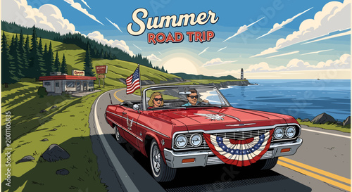 Retro comic style illustration of a couple on a summer road trip driving a vintage red convertible along a coastal highway