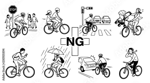 Black and white vector illustration showing dangerous bicycle riding habits