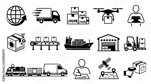 Set of black vector logistics icons for global shipping operations