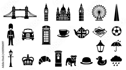 Set of black vector icons representing famous London city landmarks