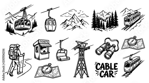 Black and white vector illustration of mountain cable car equipment