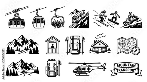 Set of black and white mountain winter sport vector icons