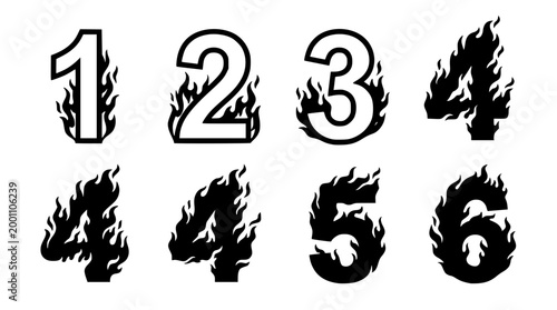 Set of fiery burning number vector illustrations for creative projects