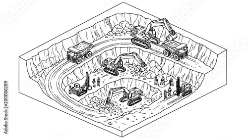 Heavy machinery excavating a deep open pit mine site