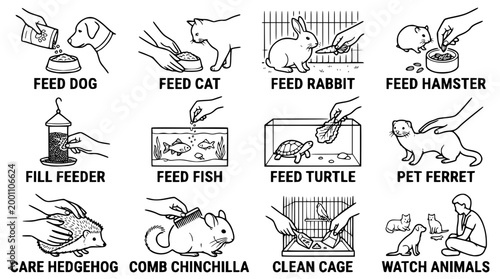 Set of line vector icons illustrating various pet care activities