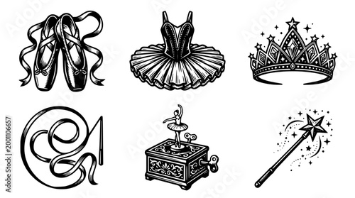 Collection of elegant ballet themed vector graphic design elements