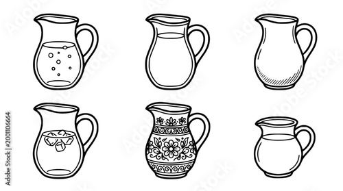 Set of decorative vector illustration icons showing various glass pitchers