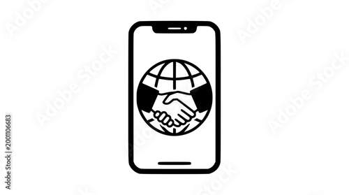 Black and white vector illustration of global business handshake icon
