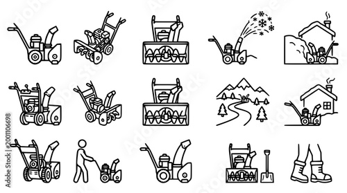 Set of black and white snow blower vector line icons