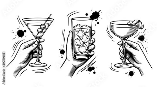 Vector illustration of hands holding various delicious cocktail glasses