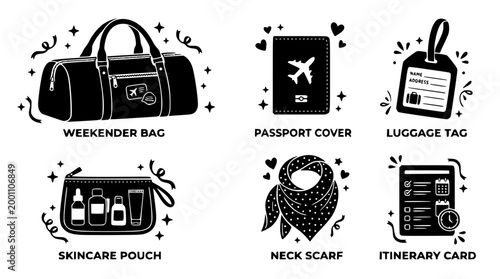 Collection of essential travel accessories in a flat vector illustration