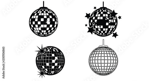 Four disco balls in a minimalist black and white silhouette