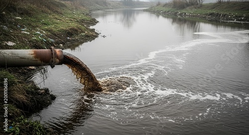 Rusty metal pipe discharging dirty brown wastewater into a river causing severe environmental pollution.