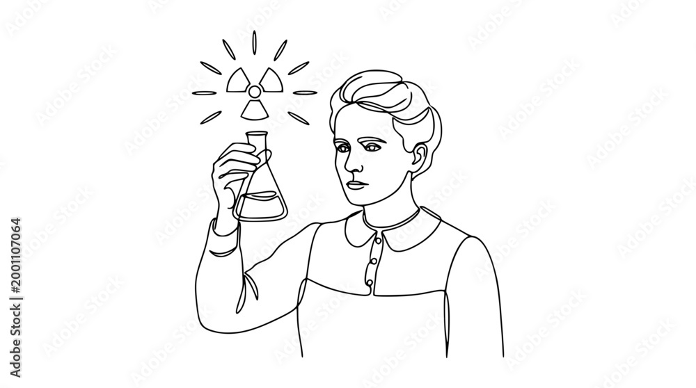Obraz premium Marie curie holding a flask with a radiation symbol illustration