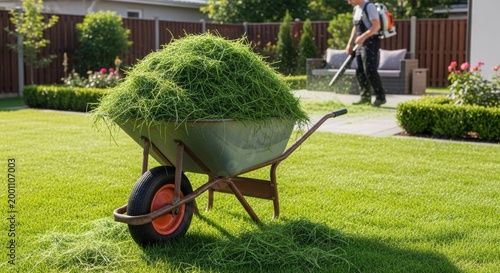 Close up of a green wheelbarrow heavily loaded with fresh grass clippings on a sunny lawn.
