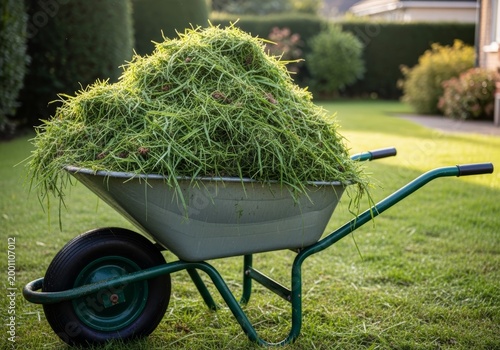 Yard cleanup process with a wheelbarrow full of grass standing on a lawn.
