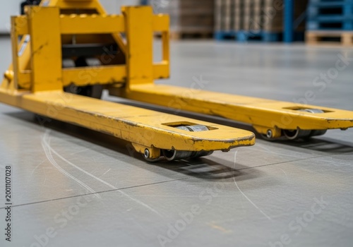 Industrial background showing the scratched yellow forks of a pallet jack ready for cargo loading.