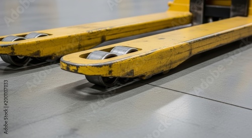 Close up of yellow pallet jack forks with metal wheels resting on a smooth concrete warehouse floor.