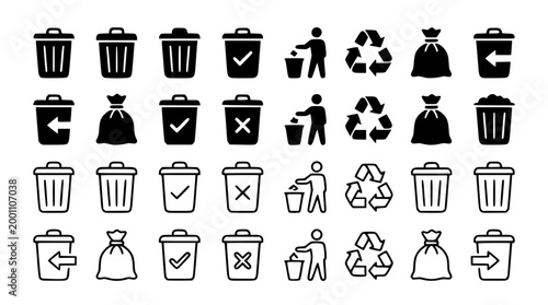 Collection of flat black trash bin vector graphic icon set