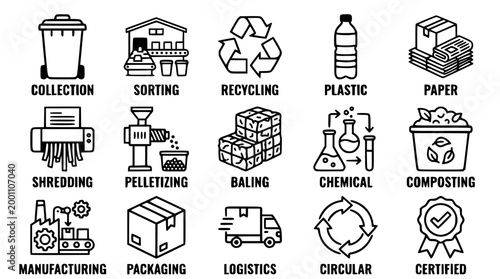Collection of industrial waste management and recycling process vector icons