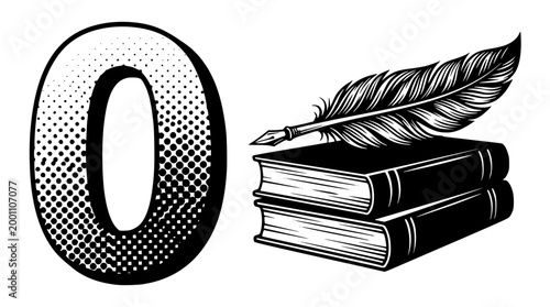 Creative vector illustration featuring number zero with stacked vintage books